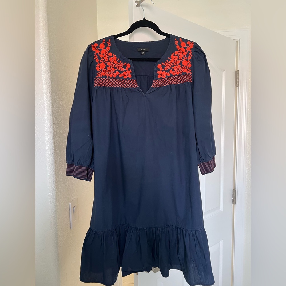 J. Crew | Leda Blue popover Dress with coral embroidered Accents ruffled hem